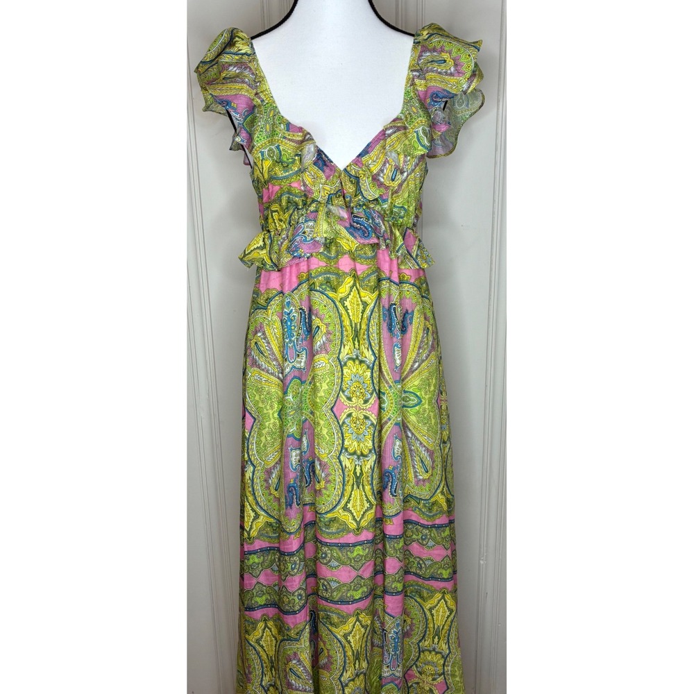 A Loves A Flutter Cap Sleeve Plunge V Neck Paisley Boho Maxi Dress XS Resort